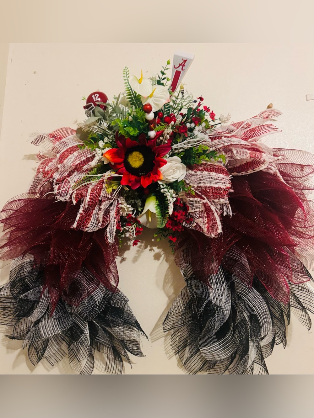Crimson & Black Decorative Mesh Wreath with Floral Center